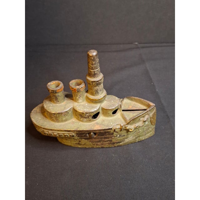 Antique Cast Iron Battleship Oregon Still Penny Bank J&e Stevens Green Paint 1898 For Sale - Image 4 of 14