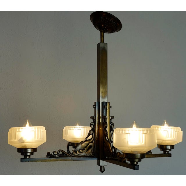 Metal French Art Deco Brass and Satin Glass 4-Light Chandelier, 1920s For Sale - Image 7 of 15
