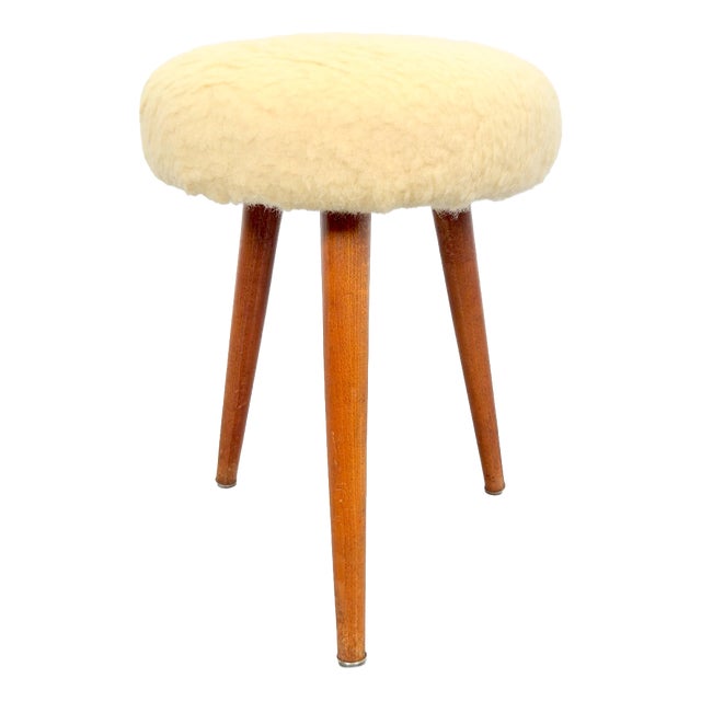 Vintage Swedish Three Legged Sheepskin Stool, 1970 For Sale