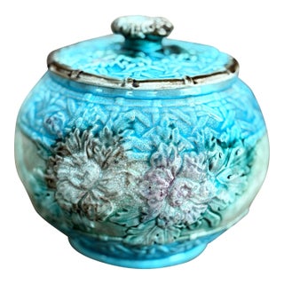 Vintage Majolica Biscuit Jar With Turquoise Glaze & Floral Relief For Sale