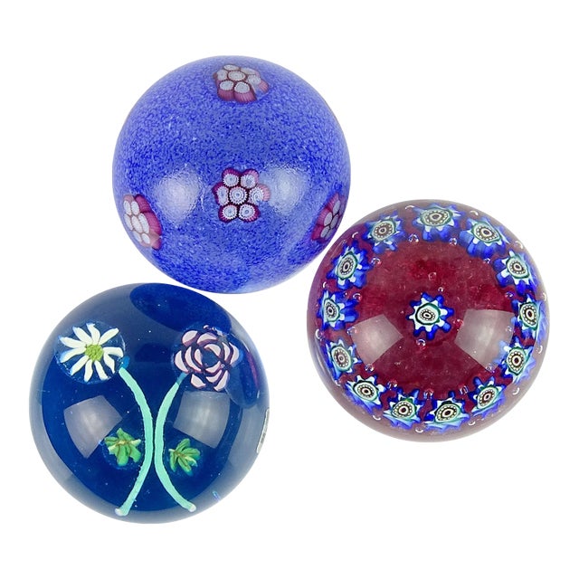 Fratelli Toso Murano Blue Amethyst White Millefiori Flowers Vintage Italian Art Glass Decorative Paperweights - Set of 3 For Sale