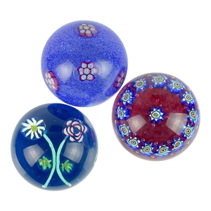 Vintage Murano Fratelli Toso Blue Amethyst White Millefiori Flowers Italian Art Glass Decorative Paperweights - Set of 3