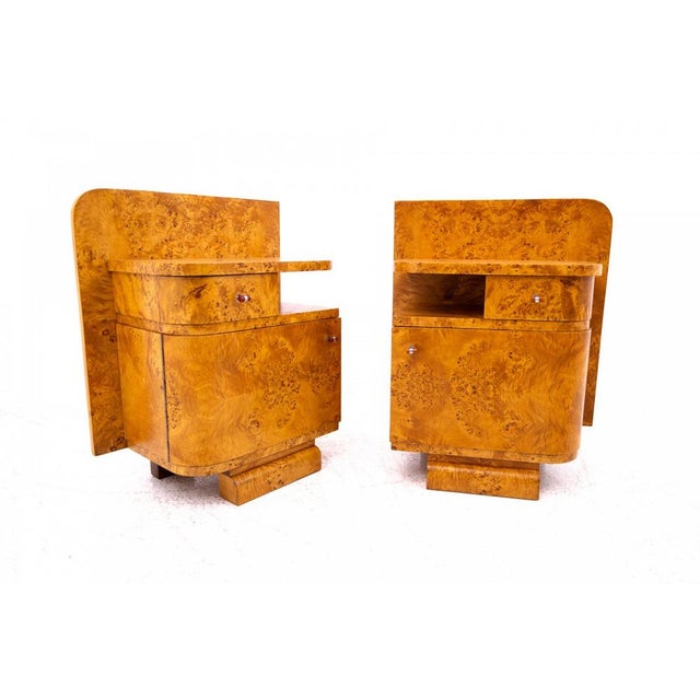 Art Deco bedside tables, Poland, circa 1930. Very good condition, professionally restored. Wood: birch (burl) Dimensions:...