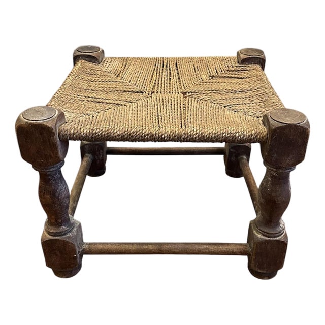 Antique Folk Art Style Wood & Seagrass Rope Stool / Footstool / Ottoman For Sale