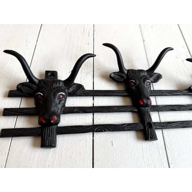 Rustic Vintage Western Long Horn Bull Iron Wall Coat Rack For Sale - Image 3 of 6