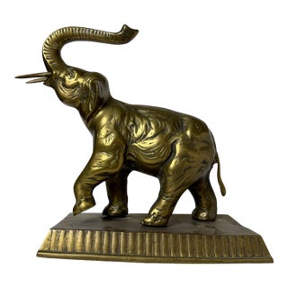 Vintage Brass Elephant Sculpture With Raised Trunk on Pedestal Base For Sale