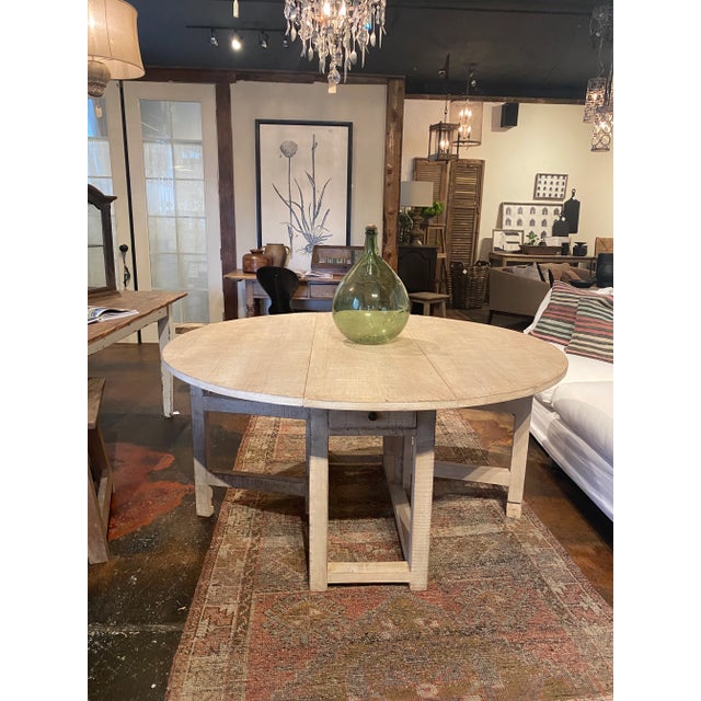 Farmhouse Vintage 60" Dovetail White Washed Rustic Drop Leaf Dining Table For Sale - Image 3 of 13