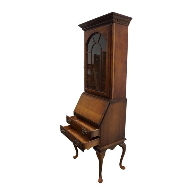 Wood American Drew Solid Cherry Traditional Queen Anne 26" Secretary Desk W. Lighted Display Hutch 77-478 / 77-479 For Sale - Image 7 of 17