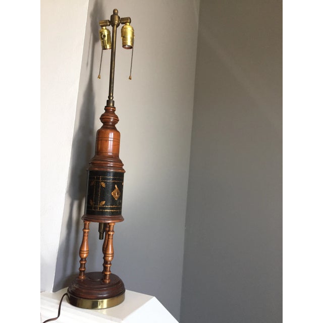 Brown 1950s Vintage Wood & Leather Column Table Lamp For Sale - Image 8 of 10