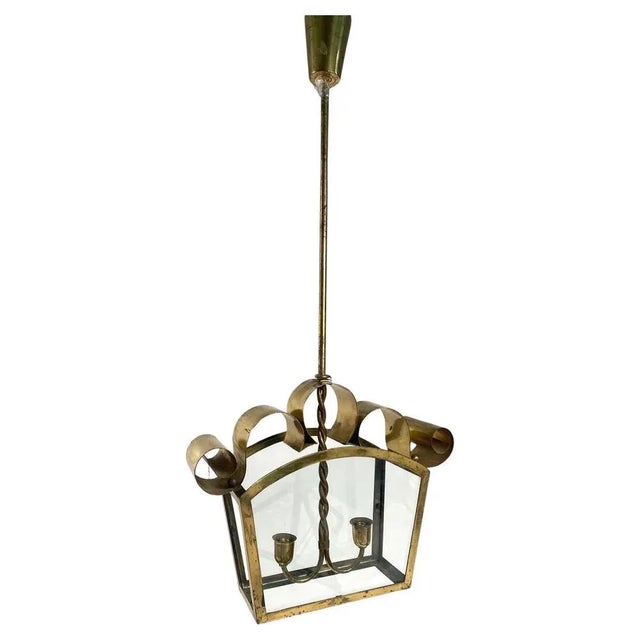 Mid-Century Italian Brass Ceiling Lamp in the style of Fontana Arte, 1950s For Sale - Image 9 of 9