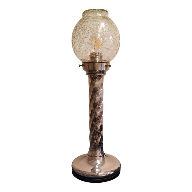 Vintage Table Lamp with Twisted Chrome-Plated Metal Base and Clear Ice Glass Shade by Ruf-Design, 1970s For Sale