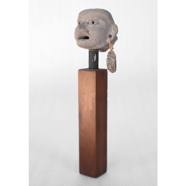 Vintage Mid Century Era Mesoamerican Pre-Columbian Small Pottery Head on Teak Stand For Sale - Image 4 of 10