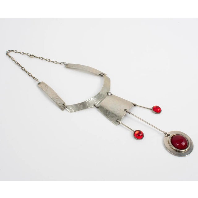Modernist Space Age Stainless Steel and Red Glass Cabochon Choker Necklace For Sale - Image 4 of 8