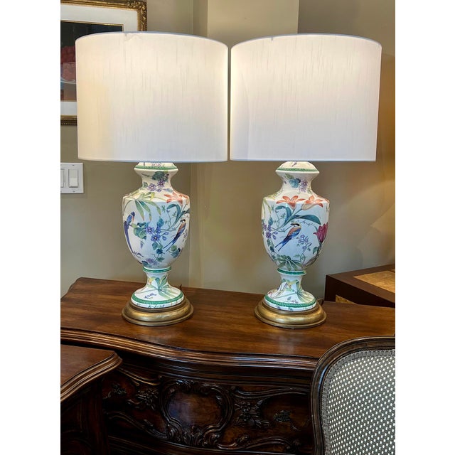 Pair of Italian Hand-Painted Porcelain Baluster-Form Lamps With Bird Motifs For Sale - Image 10 of 12