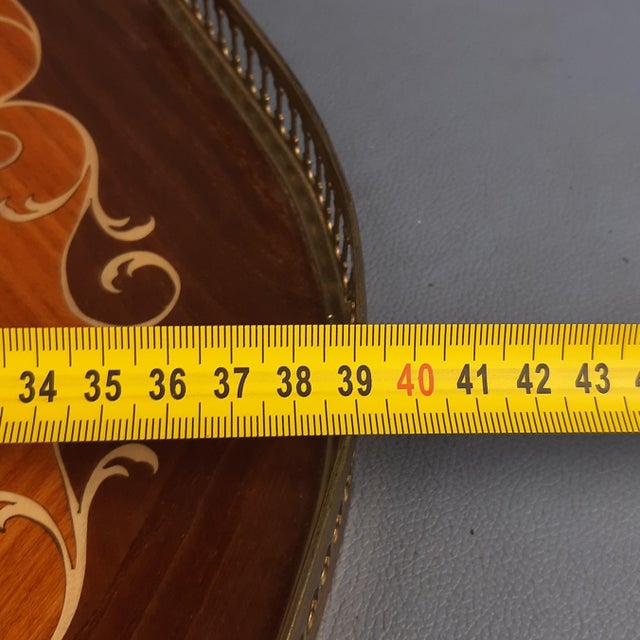 Wooden Tray with Floral Inlay and Brass Frame, 1970s For Sale - Image 10 of 12