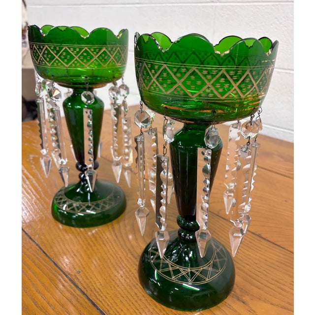 Antique C 1880-1900 Victorian Bohemian Emerald Green Glass Mantle Lustres - Pair For Sale - Image 10 of 14