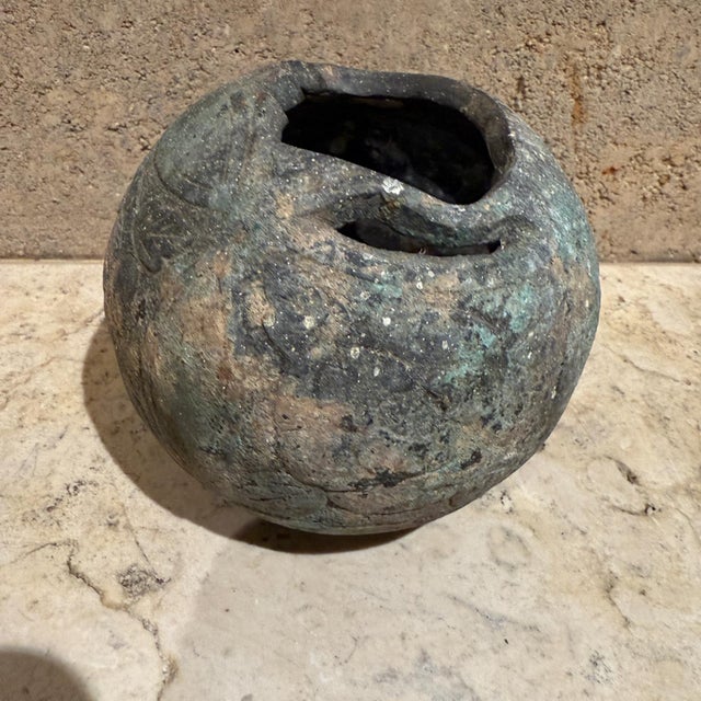 AMBIANIC presents Antique Ikebana Vase Bronze Bowl with floral relief Unable to read symbols Very old thick texturized...