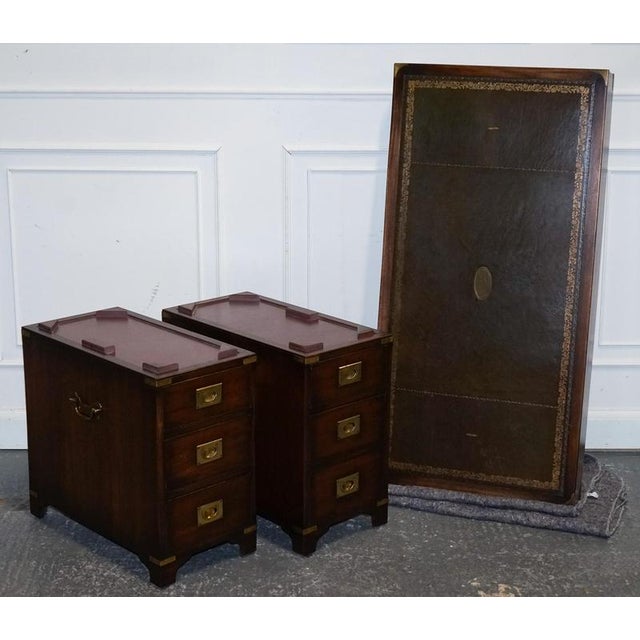 Military Campaign Twin Pedestal Desk with Aged Green Leather Top from Bevan Funell For Sale - Image 13 of 14
