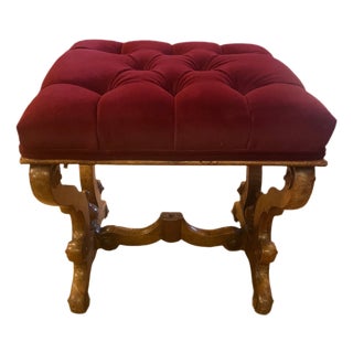 Early 20th Century Antique Tufted Ottoman Newly Upholstered in Burgundy Velvet For Sale