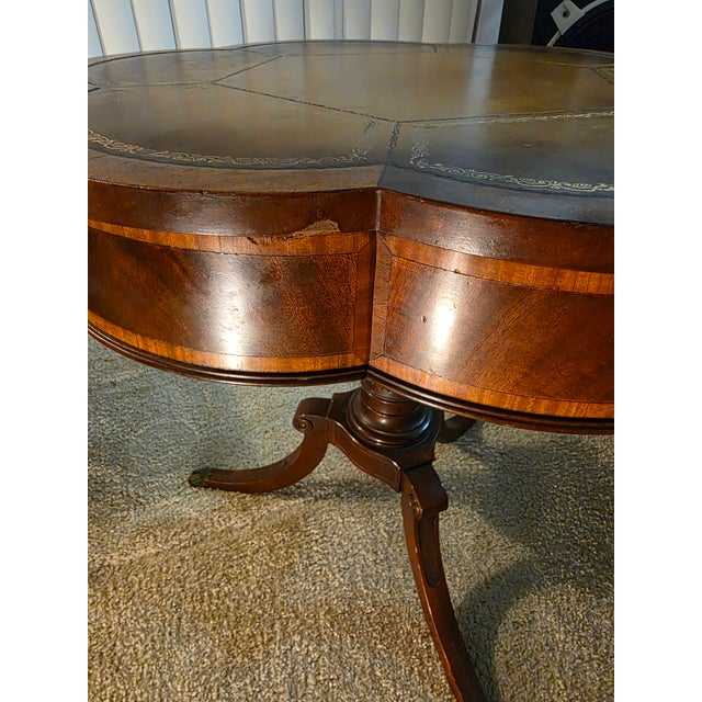 Cloverleaf (6-Lobed) Drum With Elaborate Inlay, Gilded Tooled Inset Leather Top, ca.1930s/40s, For Sale - Image 10 of 11