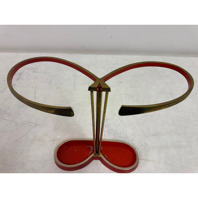 Vintage Brass and Red Metal Umbrella Stand, 1950s For Sale - Image 4 of 9