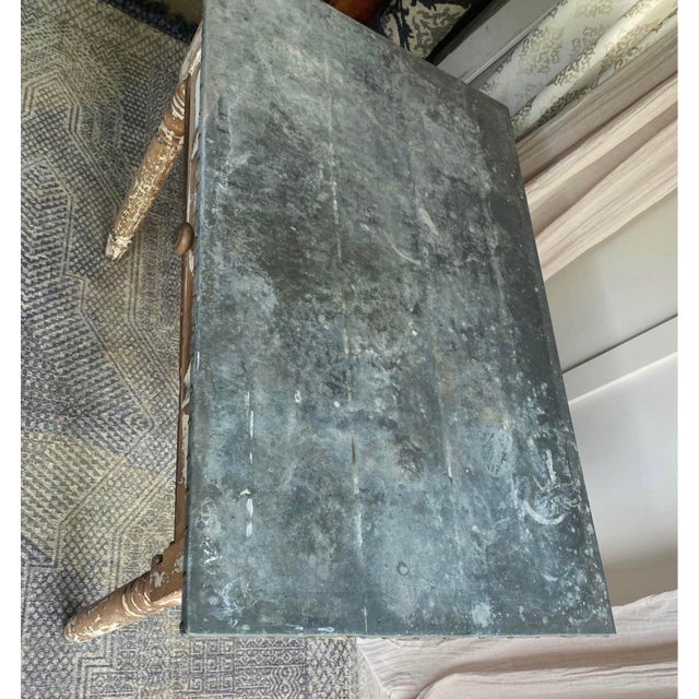 French Antique French Solid Wood Table With Original Zinc Top For Sale - Image 3 of 6