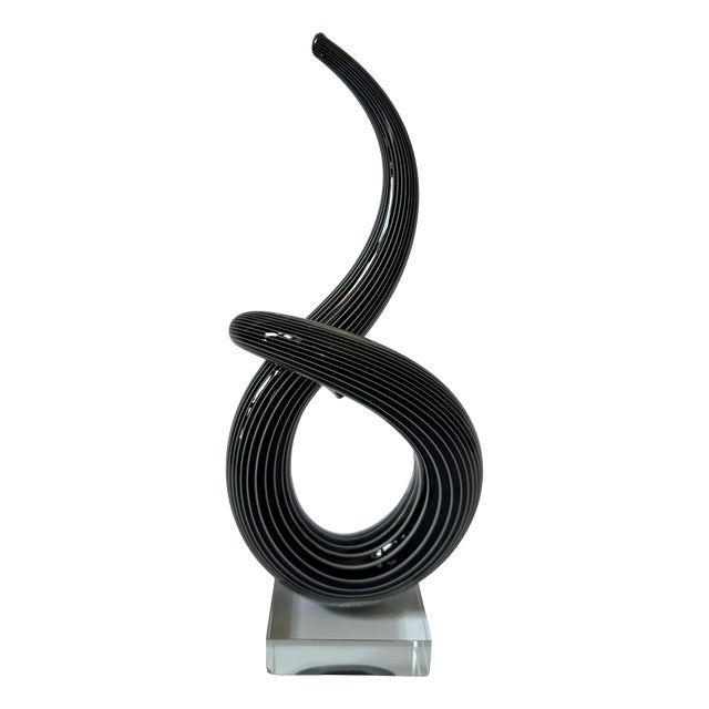 Postmodern Black and White Murano Glass Ribbon Sculpture on Crystal Base by Renato Anatra, Italy, 1980s For Sale