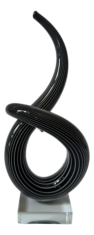Postmodern Black and White Murano Glass Ribbon Sculpture on Crystal Base by Renato Anatra, Italy, 1980s