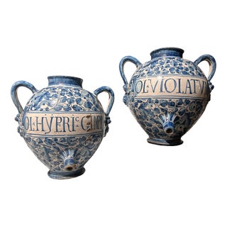 Two-Handled Jars in White and Blue, Set of 2 For Sale