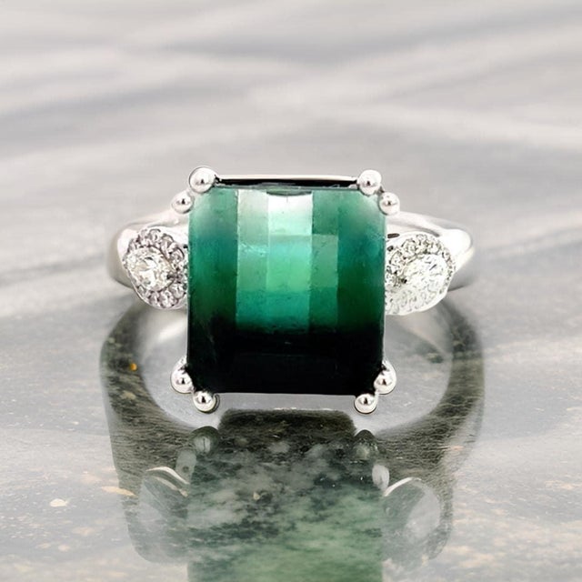 Natural Tourmaline Diamond Ring Size 7 14k W Gold 8.5 TCW Certified For Sale - Image 15 of 16