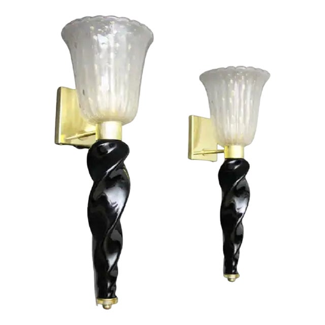 Gold and Black Murano Glass Sconces in the style of Barovier, 1990, Set of 2 For Sale