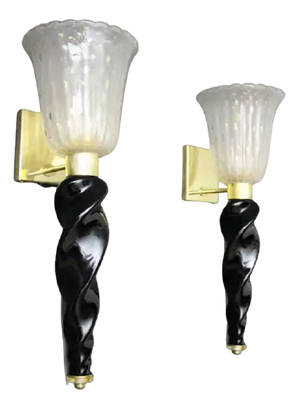 Gold and Black Murano Glass Sconces in the style of Barovier, 1990, Set of 2