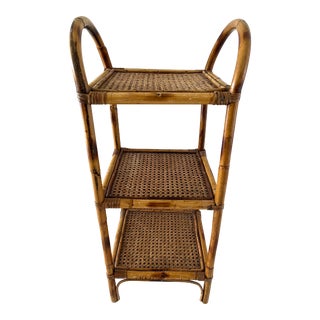 Vintage Bamboo Tortoise Rattan Shelf Etagere With Caning For Sale