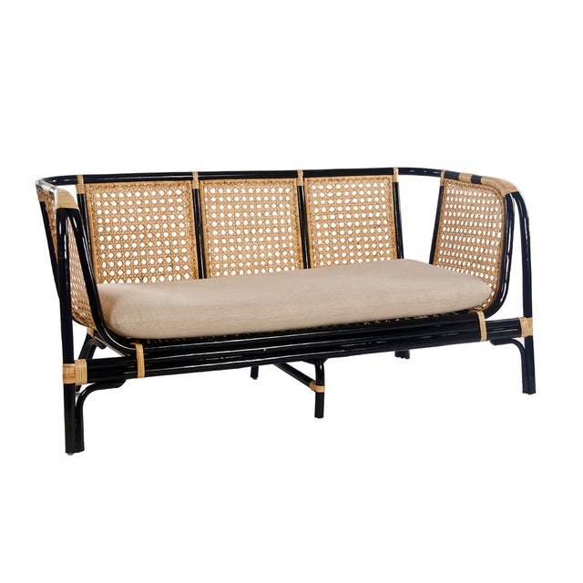 Matthew Izzo Home Quay Black Bamboo and Rattan Seat Lounge Sofa With Cushion For Sale - Image 4 of 6