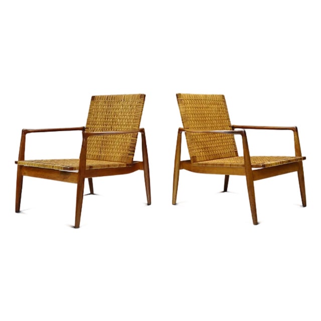 Early Set of Two ( 2 ) Finn Juhl Model Sw96 Lounge Chairs in Teak, Oak, and Caning Attributed to Søren Willadsen, Denmark, C. 1950s For Sale
