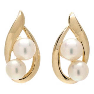 Mikimoto Twin Pearl Stud Earrings, 18k Yellow Gold, Length .75 Inches, A Pair For Sale