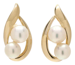 Mikimoto Twin Pearl Stud Earrings, 18k Yellow Gold, Length .75 Inches, A Pair