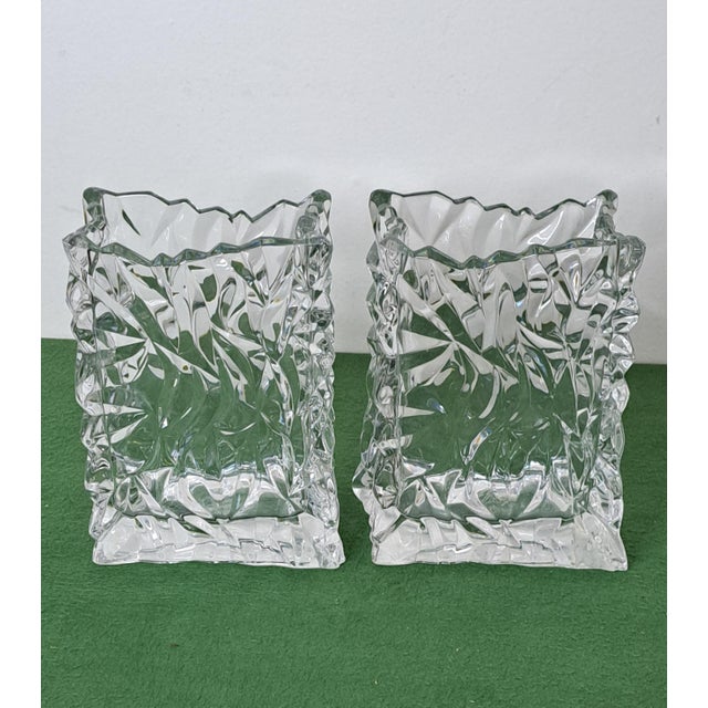 A pair of vintage Rosenthal Studio-Line clear crystal vases featuring a sculptural crumpled paper bag design attributed to...