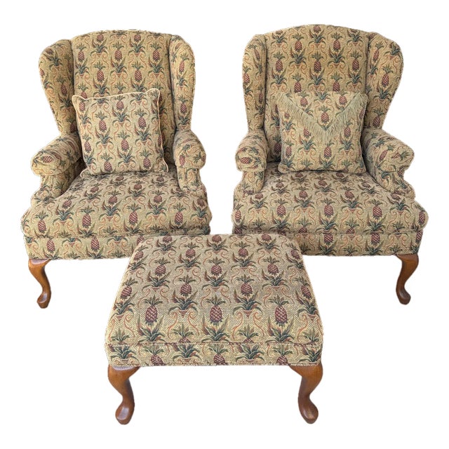 Flexsteel Pineapple Textile Wingback Chairs - A Pair With Ottoman For Sale