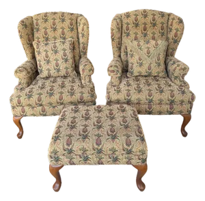 Flexsteel Pineapple Textile Wingback Chairs - A Pair With Ottoman