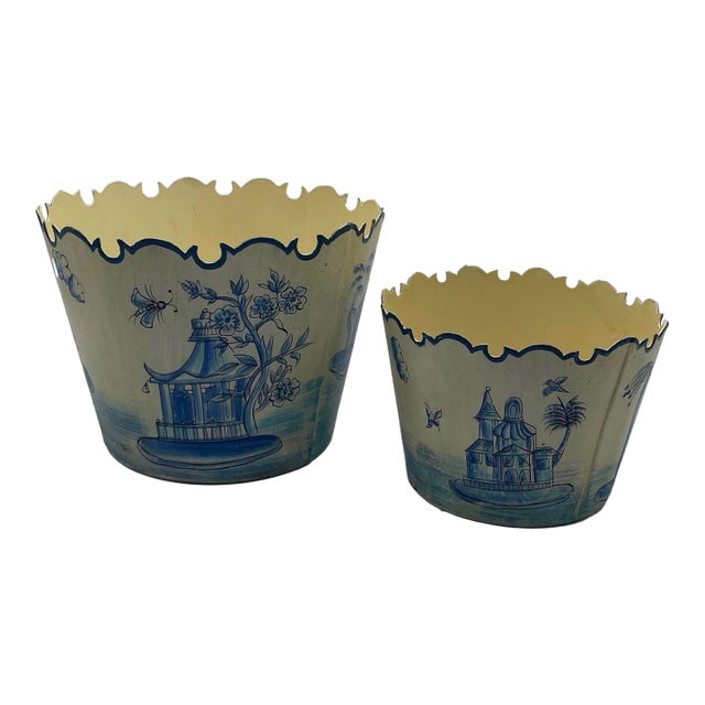 Vintage Italian Hand-Painted Toleware Chinoiserie Monteith Cachepots - Set of 2 For Sale