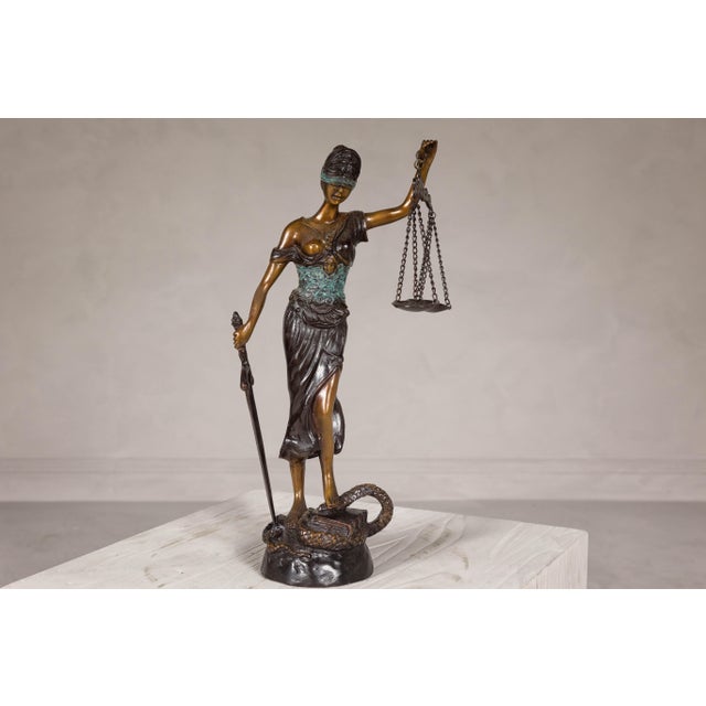 Traditional Lady Justice, Cast Bronze Tabletop Statuette with Scales and Sword For Sale - Image 3 of 12