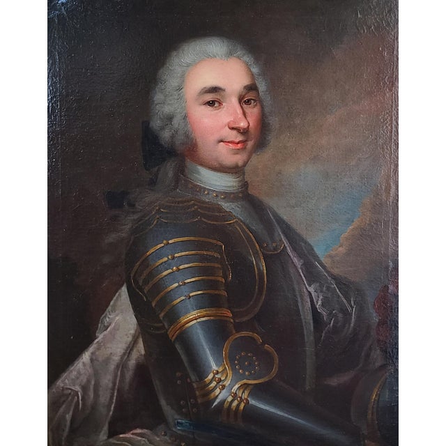Realism Antique 18th Century French Oil Painting Portrait of a Gentleman in Armor For Sale - Image 3 of 14