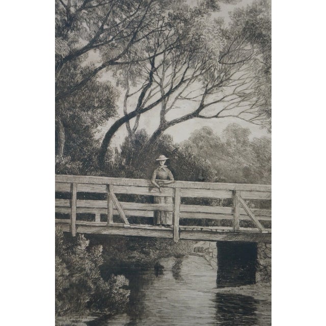 Black Antique Charles Frederick Mielatz Quiet Nook Riverscape Fishing Etching 36" For Sale - Image 8 of 12