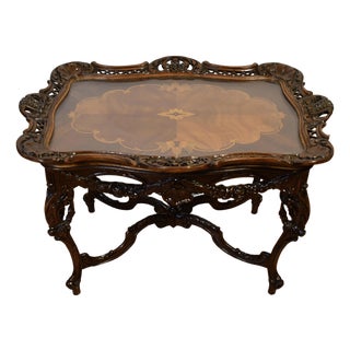 1920 Antique French Louis XV Walnut Floral Inlay Coffee Table With Glass Tray For Sale
