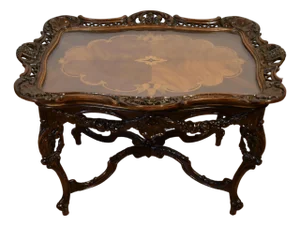 1920 Antique French Louis XV Walnut Floral Inlay Coffee Table With Glass Tray
