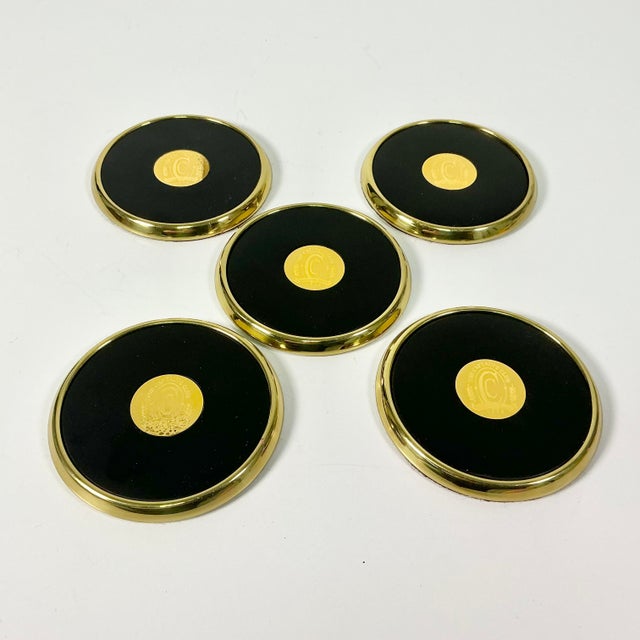 Hollywood Regency 1990s Vintage Hollywood Regency Traditional Brass & Leather Coasters - Set of 5 For Sale - Image 3 of 10
