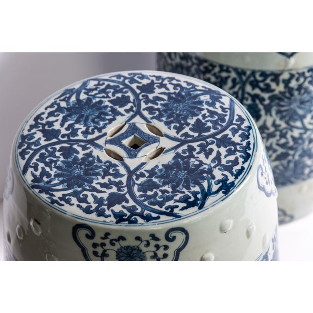 Pair of Blue and White Porcelain Chinese Oriental Drum Garden Seat For Sale - Image 4 of 9