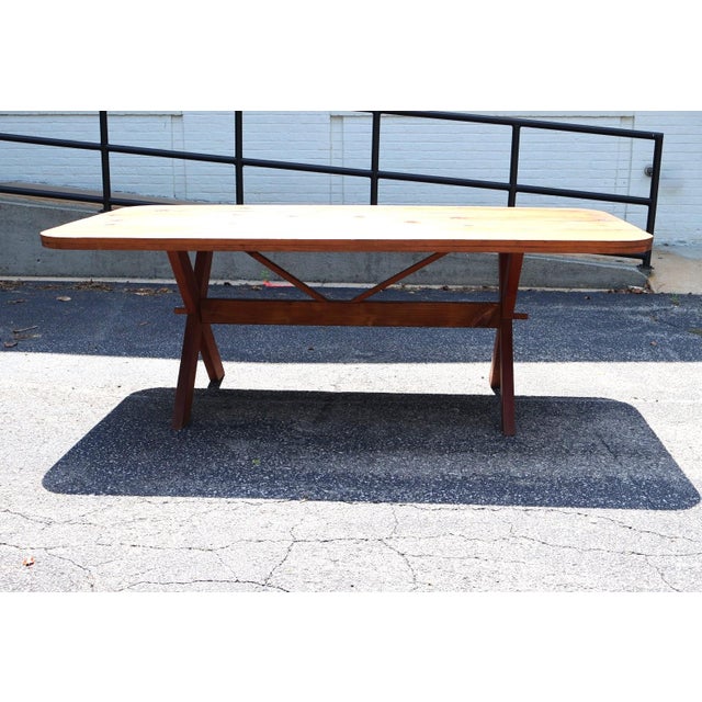 Early 20th Century American Pine Sawbuck Trestle Dining Table, C. 1920–1940 For Sale In Raleigh - Image 6 of 6