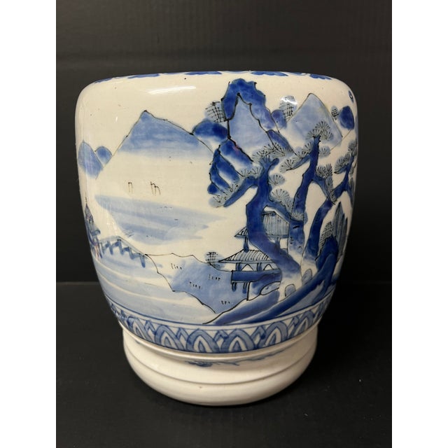 Late 20th Century Japanese Art Porcelain Blue and White Jardinier With Mountain Scenery Design For Sale - Image 12 of 12